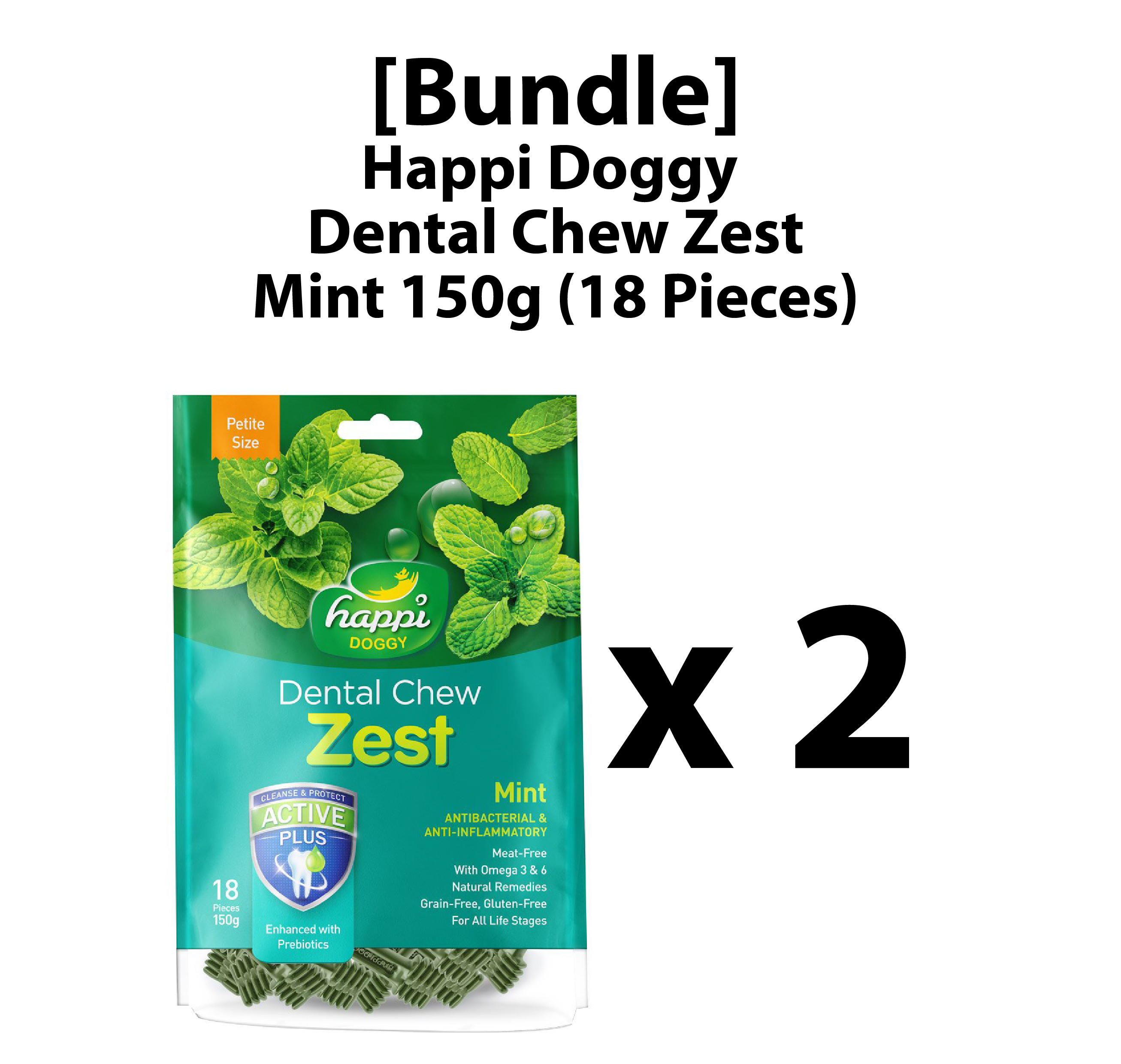[Bundle] Happi Doggy Dental Chew Zest Mint 150g (18 Pieces) Petite x 2
